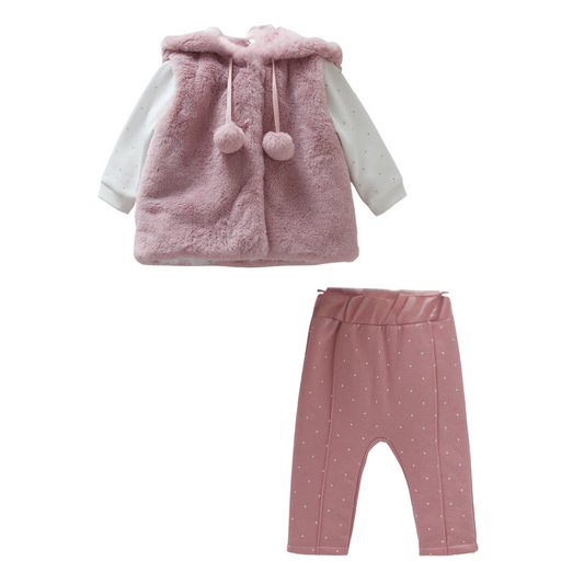 8190 Girls' 100% Cotton 3-Piece Set – Plush Hooded Vest, Polka Dot Top & Pants | Fall Baby Outfit | 3-12 Months | Turkey