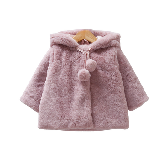 8192 Girls' 100% Cotton Fuzzy Jacket – Hooded, Snap Closure, Pom-Pom Ties | Fall Coat | 3-18 Months | Turkey