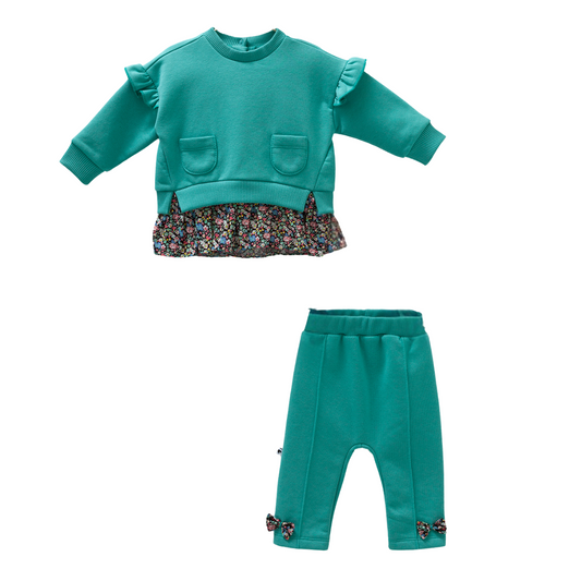 8196 Girls' Fleece-Lined 2-Piece Outfit – Layered Look Floral Top & Stitched Crease Pants | 100% Cotton | 3-9 Months | Fall | Turkey