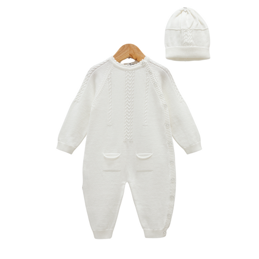 8283 Unisex 100% Cotton Knitted Romper & Hat Set – Side Buttons, Front Pockets, Long Sleeve, Open-Foot | Size 1-12 Months| Spring-Summer-Autumn | Made in Turkey