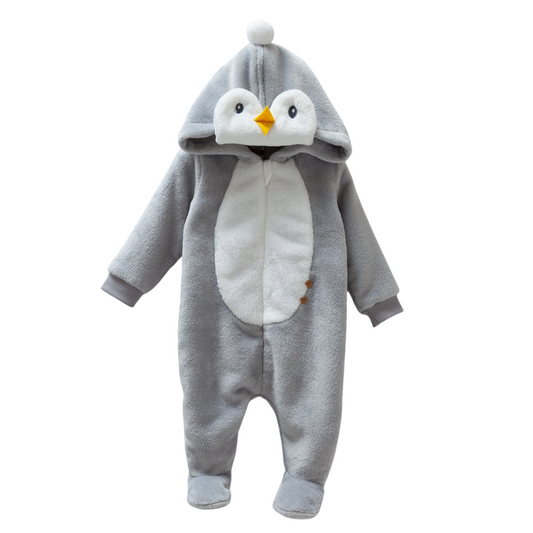 8324 Unisex Plush Penguin Romper – 100% Cotton Fluffy Zip-Up, Hooded & Footed | 0-12 Months