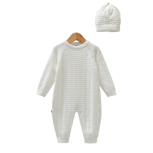 8339 Unisex 100% Cotton Knitted Romper & Hat Set – Side Buttons, Long Sleeve, Open-Foot | Size 1-12 Months | Spring-Summer-Autumn | Made in Turkey