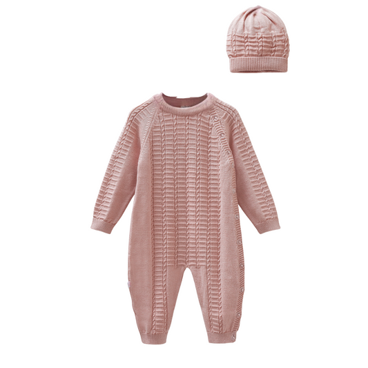 8339 Unisex 100% Cotton Knitted Romper & Hat Set – Side Buttons, Long Sleeve, Open-Foot | Size 1-12 Months | Spring-Summer-Autumn | Made in Turkey