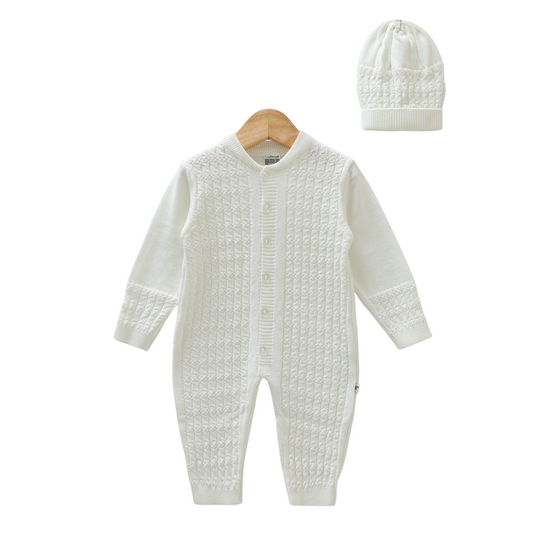8398 Unisex White 100% Cotton Knitted Romper & Hat Set – Front Buttons, Long Sleeve, Open-Foot | Size 1-12 Months | Spring-Summer-Autumn | Made in Turkey