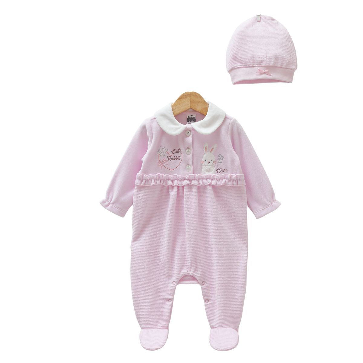 8423 Girls' Pink Velvet Romper & Hat Set – Newborn Bunny Sleepsuit with Collar | 3-9 Months | Fall Baby Outfit | Turkey