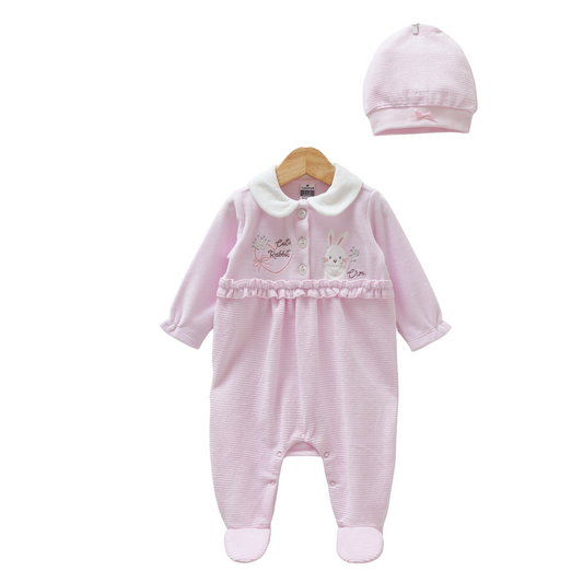 8423 Girls' Pink Velvet Romper & Hat Set – Newborn Bunny Sleepsuit with Collar | 3-9 Months | Fall Baby Outfit | Turkey