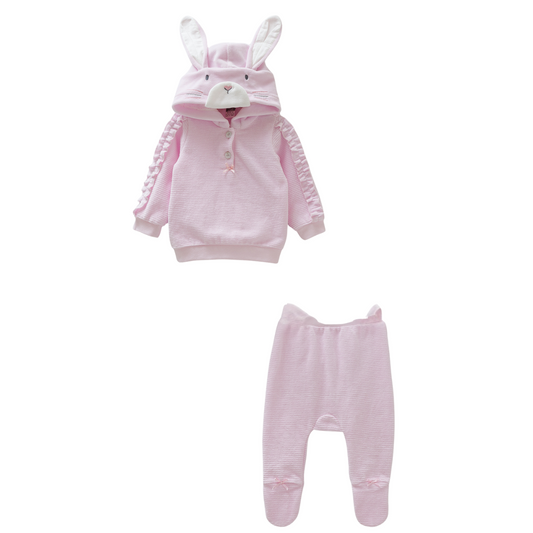 8426 Girls' Bunny Hooded Baby Outfit – Velvet 2-Piece Set with Footed Pants | Fall | 1-12 Months | Turkey