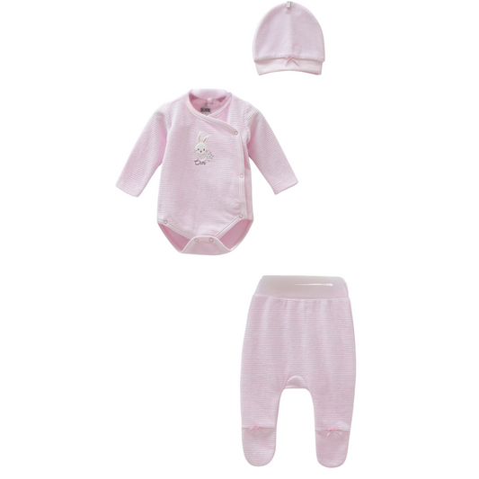 8428 Newborn Girl 3-Piece Velvet Set – Wrap Bodysuit, Hat & Footed Pants | Pink Striped Rabbit | 0-3 Months | Fall Baby Outfit | Turkey