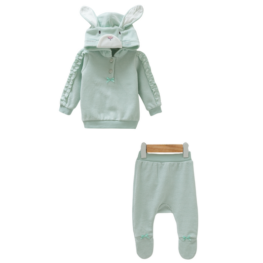 8426 Girls' Bunny Hooded Baby Outfit – Velvet 2-Piece Set with Footed Pants | Fall | 1-12 Months | Turkey