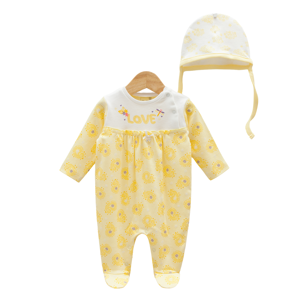 7779 Girls' 100% Cotton 2-Piece Set – "LOVE" Romper & Bonnet Hat | Lavender/White | Spring | 0-9 Months | Turkey