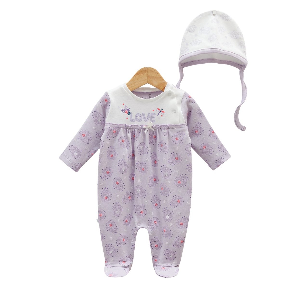 7779 Girls' 100% Cotton 2-Piece Set – "LOVE" Romper & Bonnet Hat | Lavender/White | Spring | 0-9 Months | Turkey
