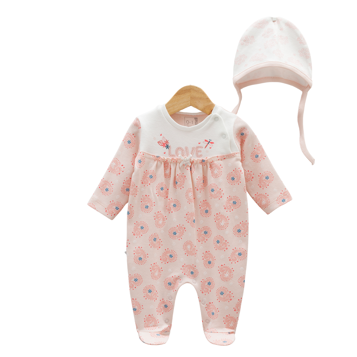 7779 Girls' 100% Cotton 2-Piece Set – "LOVE" Romper & Bonnet Hat | Lavender/White | Spring | 0-9 Months | Turkey