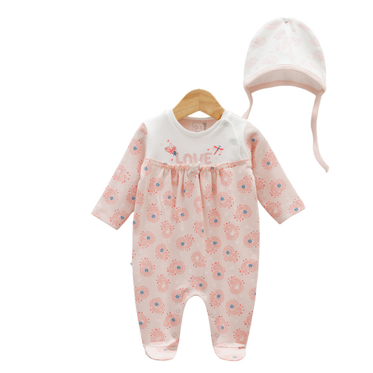 7779 Girls' 100% Cotton 2-Piece Set – "LOVE" Romper & Bonnet Hat | Lavender/White | Spring | 0-9 Months | Turkey