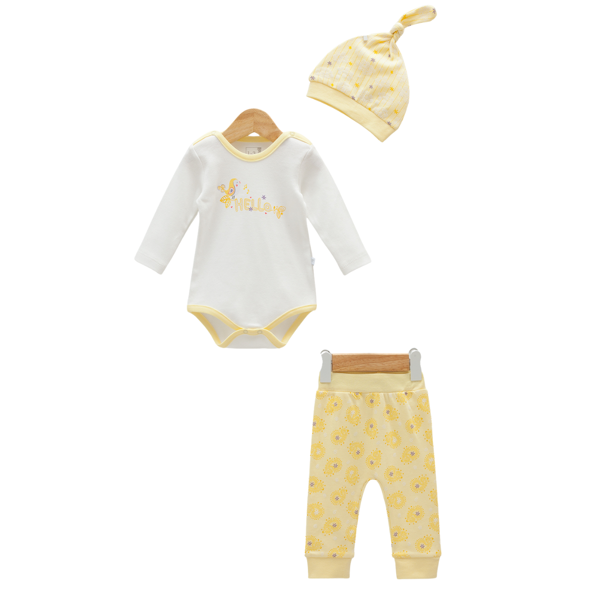 7787 Caramell: Girls' 100% Cotton 3-Piece Baby Set – 'Hello Little One' Bodysuit, Patterned Pants & Knot Hat | Spring | 1-6 Months | Turkey