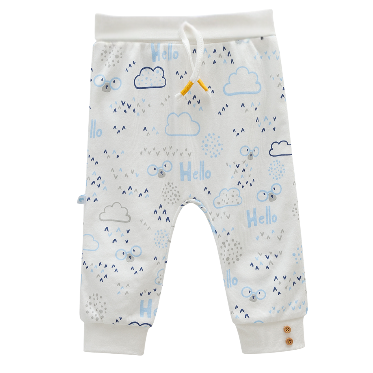 7968 Boys' 100% Cotton Pants – "Hello Cloud Bear" Print | Light Blue, Grey, White | Footed (0-6M) / Open-Foot (6-9M) with Cuffed Ankles | Spring | 0-9 Months | Turkey
