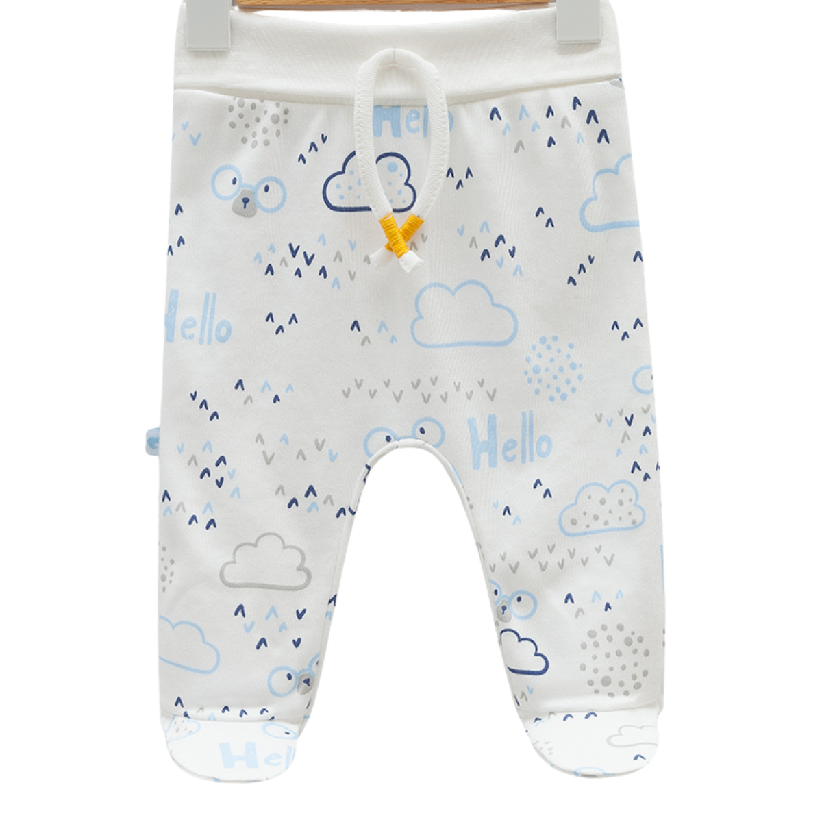 7968 Boys' 100% Cotton Pants – "Hello Cloud Bear" Print | Light Blue, Grey, White | Footed (0-6M) / Open-Foot (6-9M) with Cuffed Ankles | Spring | 0-9 Months | Turkey