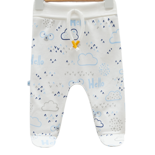 7968 Boys' 100% Cotton Pants – "Hello Cloud Bear" Print | Light Blue, Grey, White | Footed (0-6M) / Open-Foot (6-9M) with Cuffed Ankles | Spring | 0-9 Months | Turkey