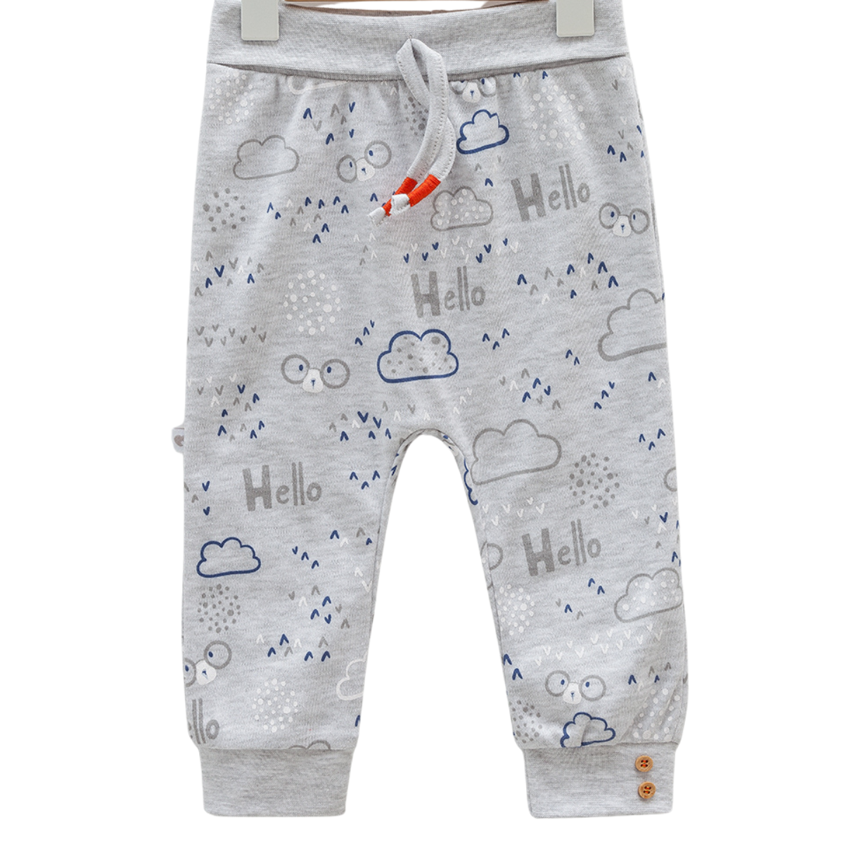 7968 Boys' 100% Cotton Pants – "Hello Cloud Bear" Print | Light Blue, Grey, White | Footed (0-6M) / Open-Foot (6-9M) with Cuffed Ankles | Spring | 0-9 Months | Turkey