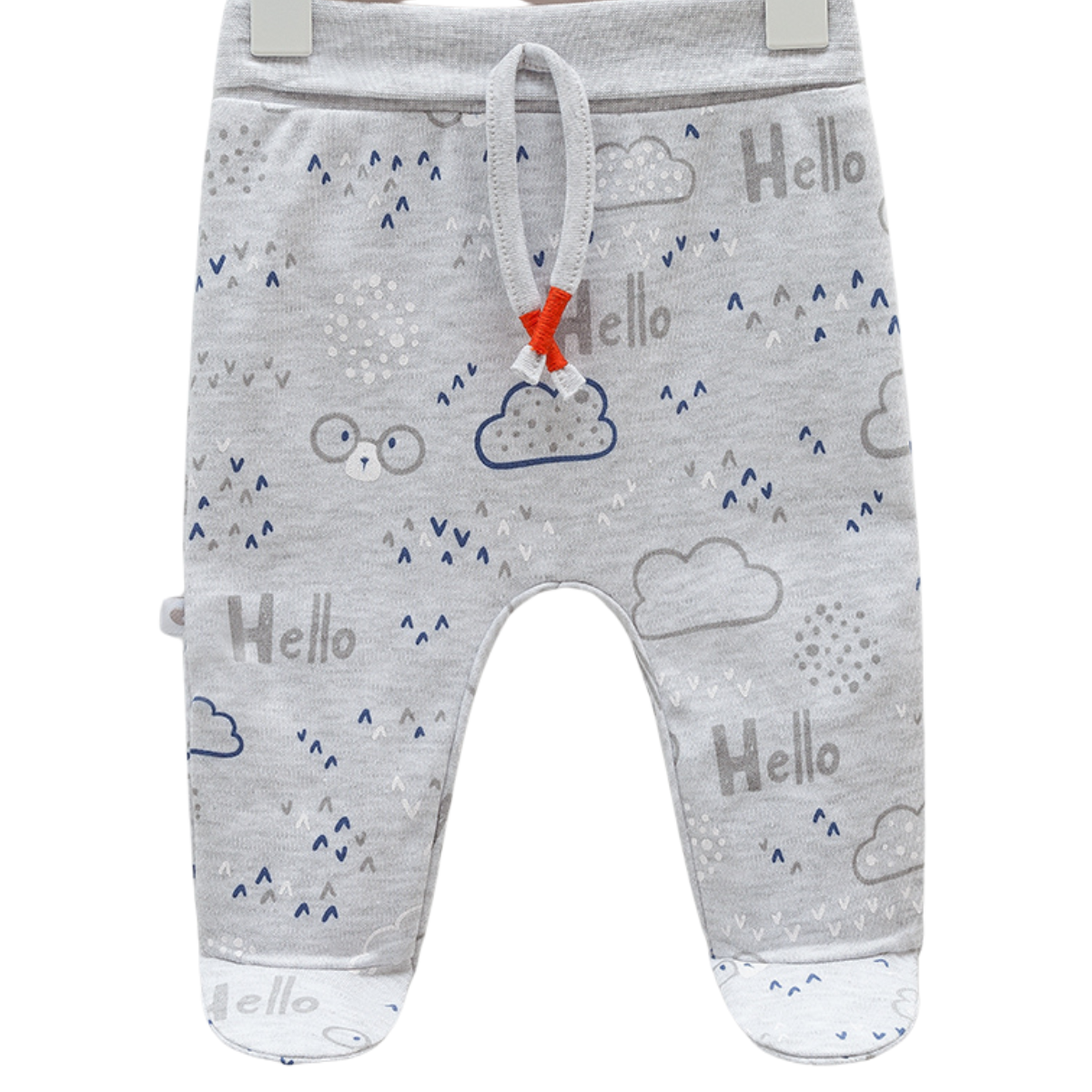 7968 Boys' 100% Cotton Pants – "Hello Cloud Bear" Print | Light Blue, Grey, White | Footed (0-6M) / Open-Foot (6-9M) with Cuffed Ankles | Spring | 0-9 Months | Turkey