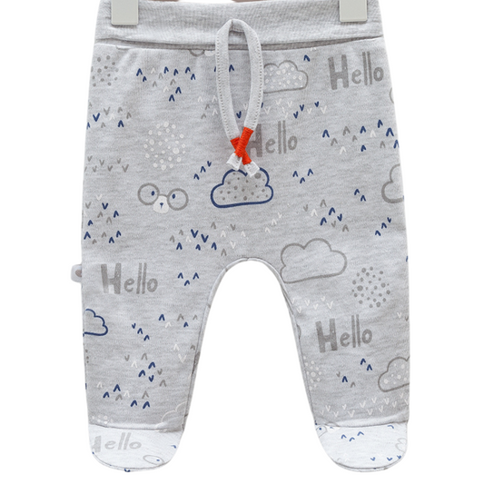 7968 Boys' 100% Cotton Pants – "Hello Cloud Bear" Print | Light Blue, Grey, White | Footed (0-6M) / Open-Foot (6-9M) with Cuffed Ankles | Spring | 0-9 Months | Turkey