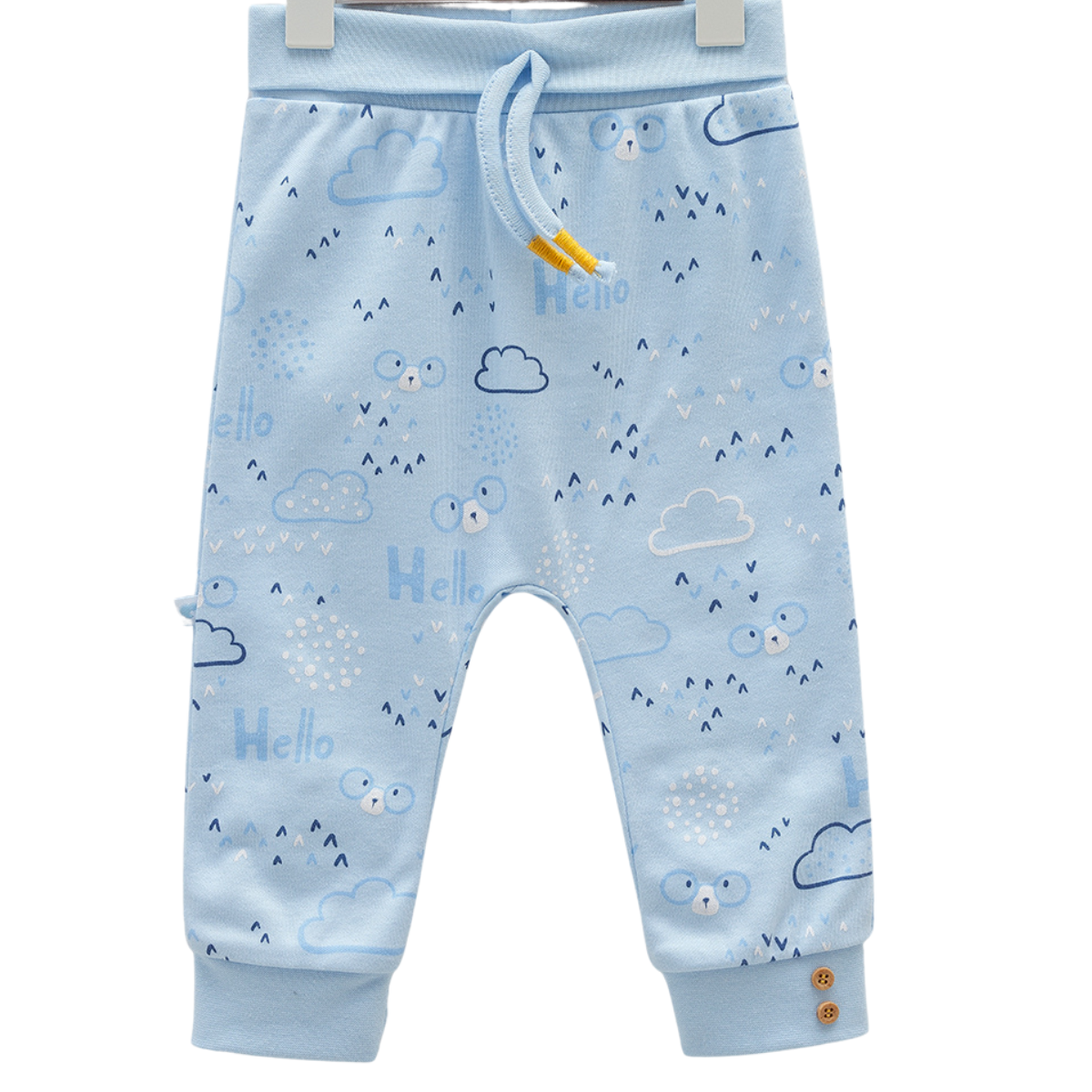 7968 Boys' 100% Cotton Pants – "Hello Cloud Bear" Print | Light Blue, Grey, White | Footed (0-6M) / Open-Foot (6-9M) with Cuffed Ankles | Spring | 0-9 Months | Turkey