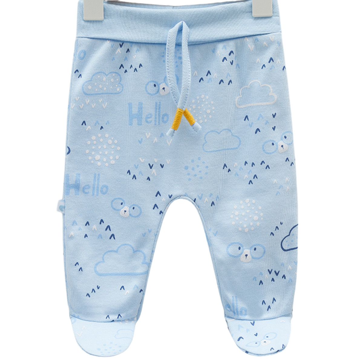 7968 Boys' 100% Cotton Pants – "Hello Cloud Bear" Print | Light Blue, Grey, White | Footed (0-6M) / Open-Foot (6-9M) with Cuffed Ankles | Spring | 0-9 Months | Turkey