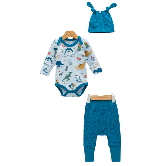 7849 Baby Boys 100% Cotton 3-Piece Set – Long-Sleeve Bodysuit with "Dinosaur Adventure" Print, Patterned Pants with Extended Cuffs & Ear-Knot Hat | Spring | 1-6 Months | Turkey