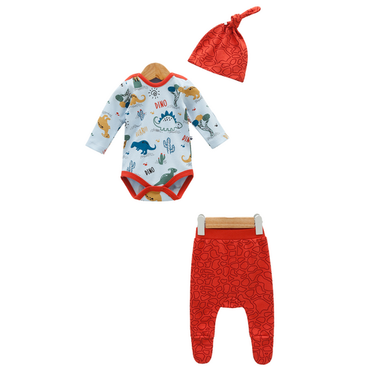 8034 Baby Boy 100% Cotton 3-Piece Set – Long-Sleeve Bodysuit with "Dinosaur Print", Patterned Pants & Knot Hat | Spring | 1-6 Months | Turkey