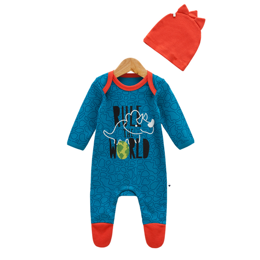 8030 Boys' 100% Cotton 2-Piece Set – Long-Sleeve Romper with "Dinosaur World" Print & Horned Hat | Spring | 0-9 Months | Turkey