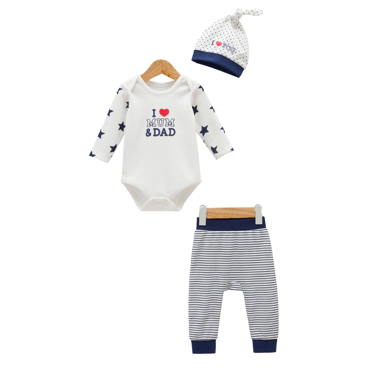 7752 Baby Boy 100 % Cotton 3-Piece Set – "I ❤️ Mum & Dad" Bodysuit, Striped Pants & Knot Hat | Spring | 3-9 Months | Turkey