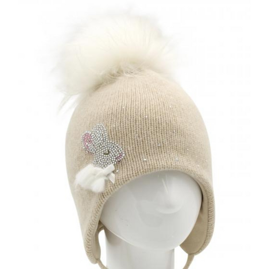 80414 Girls’ Winter Hat with Tie Strings | Natural Fur Pom-Pom | 18–36 Months |  Cashmere Wool Blend, Cotton Lining