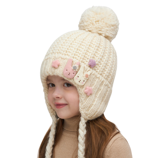 11326 Girls’ Warm Winter Hat with Ears & Tie Strings | 18–36 Months | Baby Alpaca, Wool, Cotton Lining