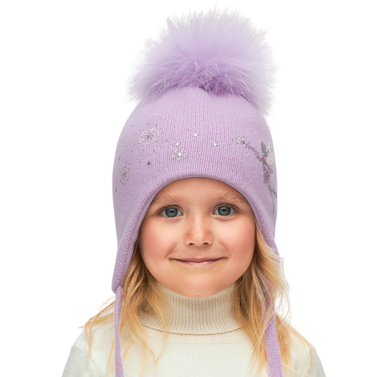11349 Girls’ Warm Winter Hat with Ears, Tie Strings & Fairy Design | Natural Fur Pom-Pom | 18–36 Months | Cashmere Wool Blend, Cotton Lining