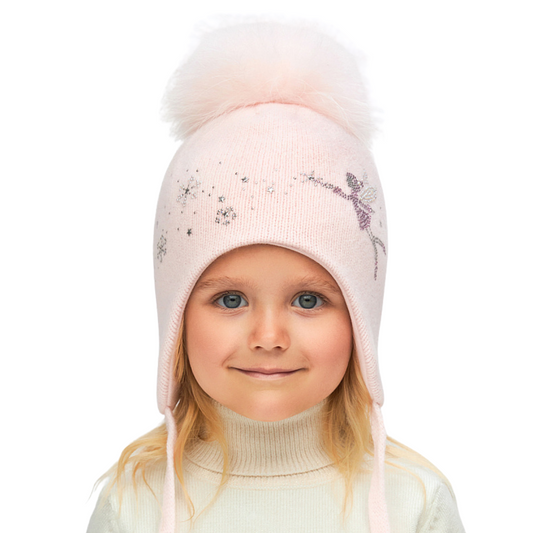 11349 Girls’ Warm Winter Hat with Ears, Tie Strings & Fairy Design | Natural Fur Pom-Pom | 18–36 Months | Cashmere Wool Blend, Cotton Lining