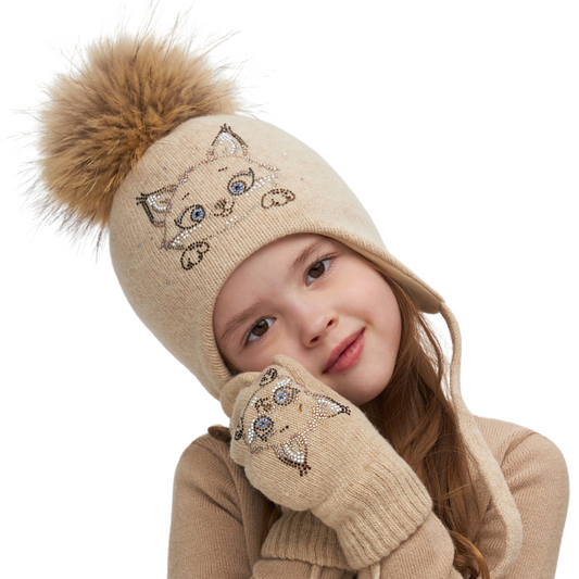 11562 Girls’ Warm Winter Hat with Ears & Tie Strings | Natural Fur Pom-Pom | 18–36 Months | Cashmere Wool Blend, Cotton Lining