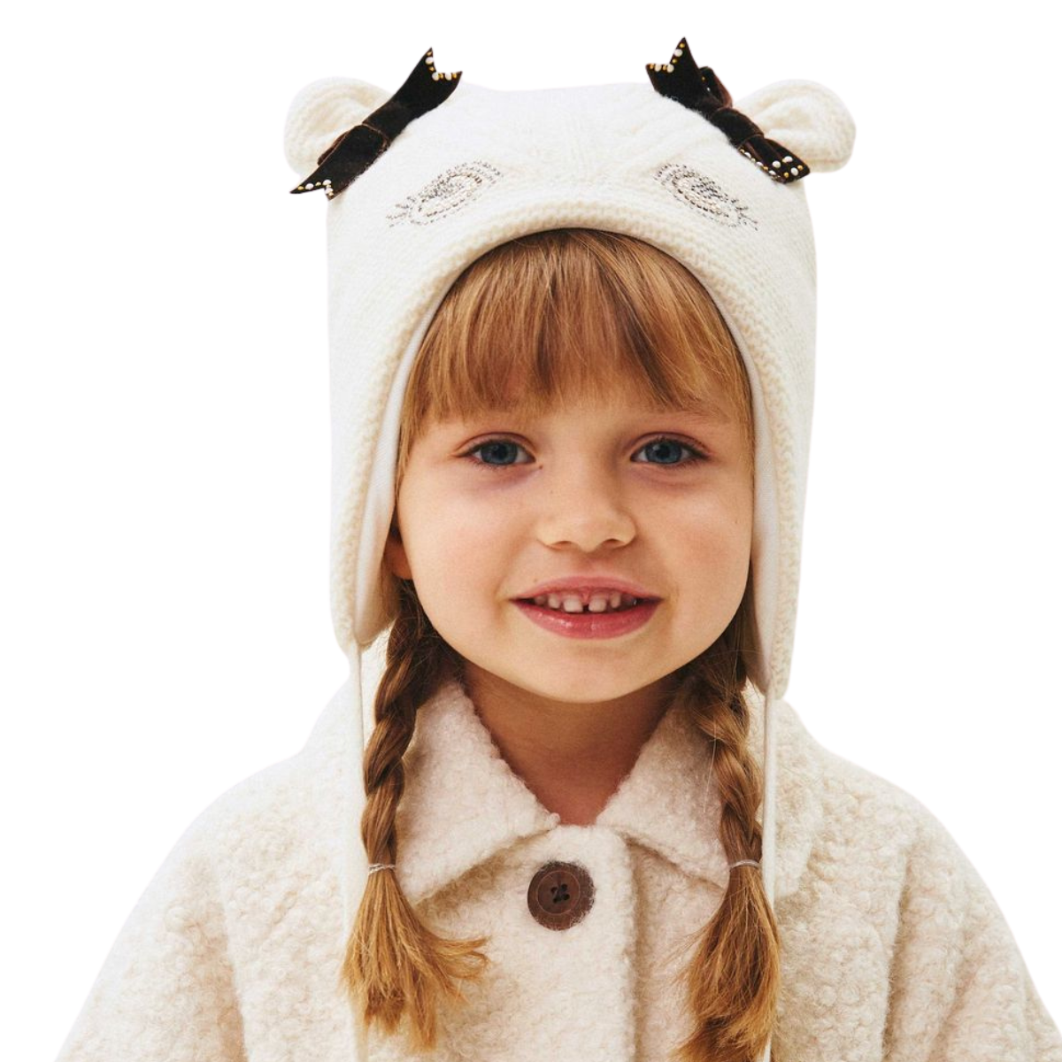 80139 Girls’ Warm Winter Hat with Ears, Tie Strings & Face Design with Bows | 18–36 Months | Cashmere Wool Blend, Cotton Lining