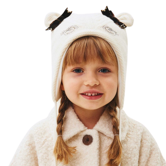 80139 Girls’ Warm Winter Hat with Ears, Tie Strings & Face Design with Bows | 18–36 Months | Cashmere Wool Blend, Cotton Lining