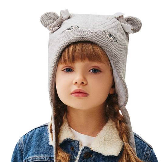 80139 Girls’ Warm Winter Hat with Ears, Tie Strings & Face Design with Bows | 18–36 Months | Cashmere Wool Blend, Cotton Lining