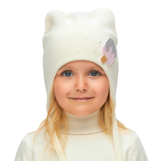 11271 Girls’ Winter Hat with Ears, Tie Strings & Ice Cream Design | 18–36 Months | Cashmere Wool Blend, Cotton Lining