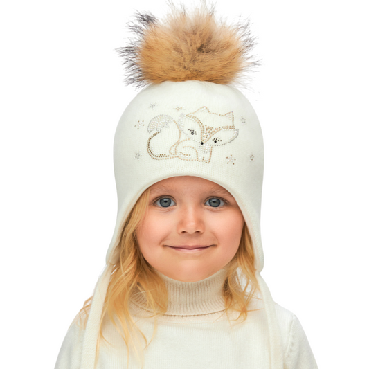 11275 Girls’ Winter Hat with Ears, Tie Strings, Fox Design & Natural Fur Pom-Pom | 18–36 Months | Cashmere Wool Blend, Cotton Lining