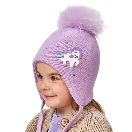 11453 Girls’ Warm Winter Hat with Ears & Tie Strings | Natural Fur Pom-Pom | 18–36 Months | Cashmere Wool Blend, Cotton Lining