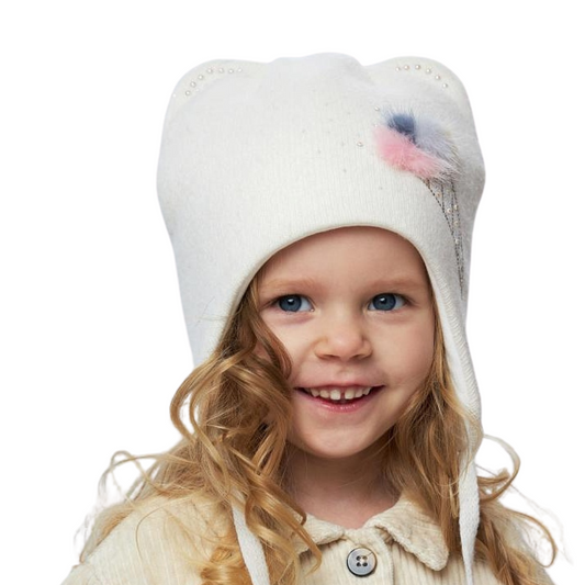 10023 Girls’ Winter Hat with Ears, Tie Strings & Rhinestone Ice Cream Design with Natural Fur | 18–36 Months | Cashmere Wool Blend, Cotton Lining