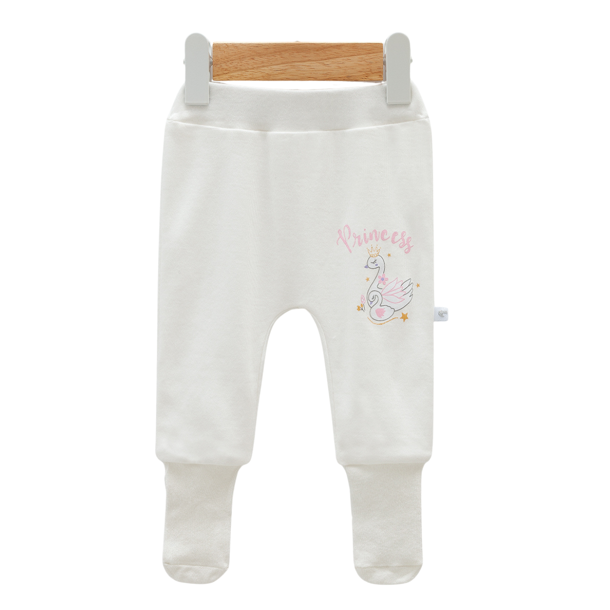 8211 Newborn Baby Girl Footed Pants with Knitted Bottom – White with "Princess" Swan Print | 100% Cotton | 0–3M | Turkey