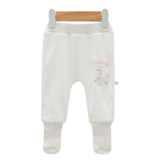 8211 Newborn Baby Girl Footed Pants with Knitted Bottom – White with "Princess" Swan Print | 100% Cotton | 0–3M | Turkey