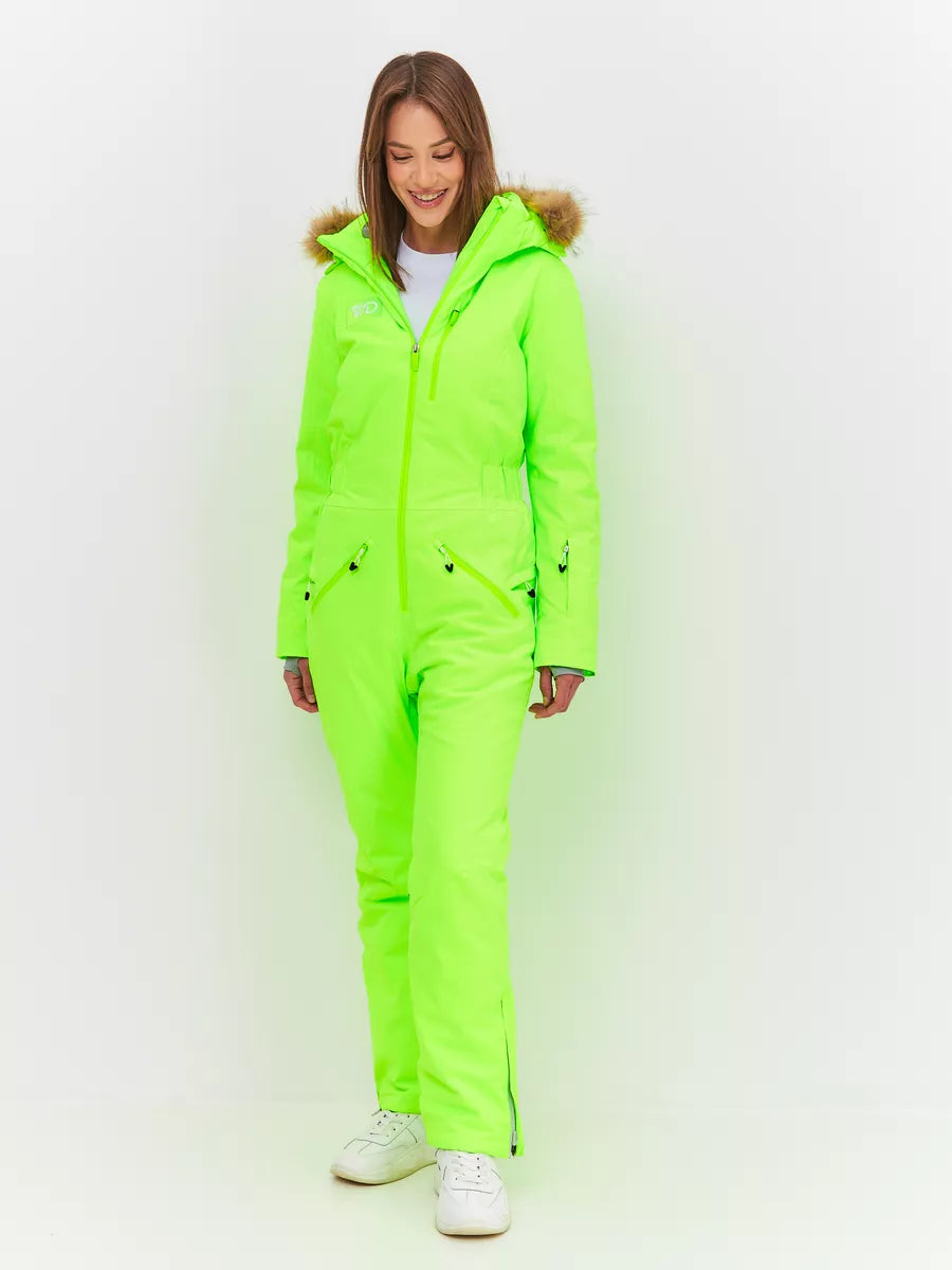 184313618 WHSROMA | Professional Ski Jumpsuit for Tall Teen Girls & Women | Neon Green with Faux Fur Hood | For Sports & Family Winter Activities | Up to −30°C (−22°F)