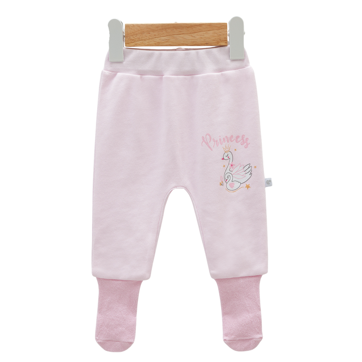 8211 Newborn Baby Girl Footed Pants with Knitted Bottom – White with "Princess" Swan Print | 100% Cotton | 0–3M | Turkey