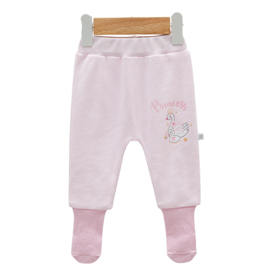 8211 Newborn Baby Girl Footed Pants with Knitted Bottom – White with "Princess" Swan Print | 100% Cotton | 0–3M | Turkey