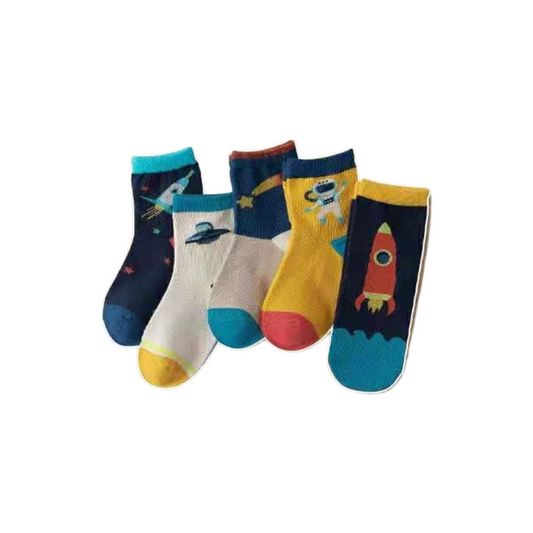 2130 Boys' Space-Themed High-Cut Cotton Socks – Soft, Durable & Cozy | 5-Pack | Ages 1–8
