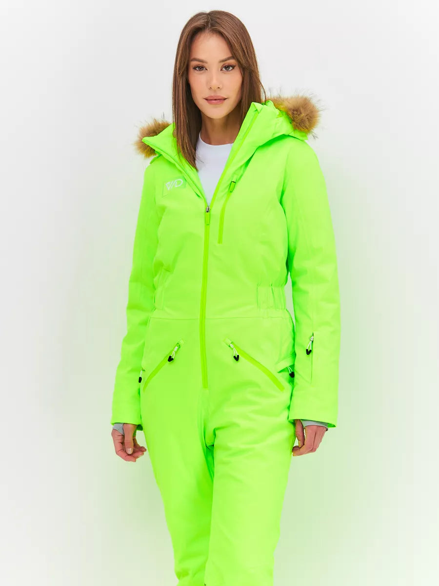184313618 WHSROMA | Professional Ski Jumpsuit for Tall Teen Girls & Women | Neon Green with Faux Fur Hood | For Sports & Family Winter Activities | Up to −30°C (−22°F)