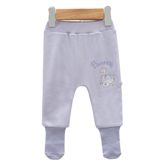 8211 Newborn Baby Girl Footed Pants with Knitted Bottom – White with "Princess" Swan Print | 100% Cotton | 0–3M | Turkey
